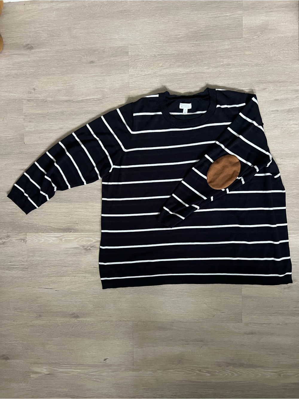 Market & Spruce Navy and White Striped Crewneck Sweater Brown Elbow Patches 3X